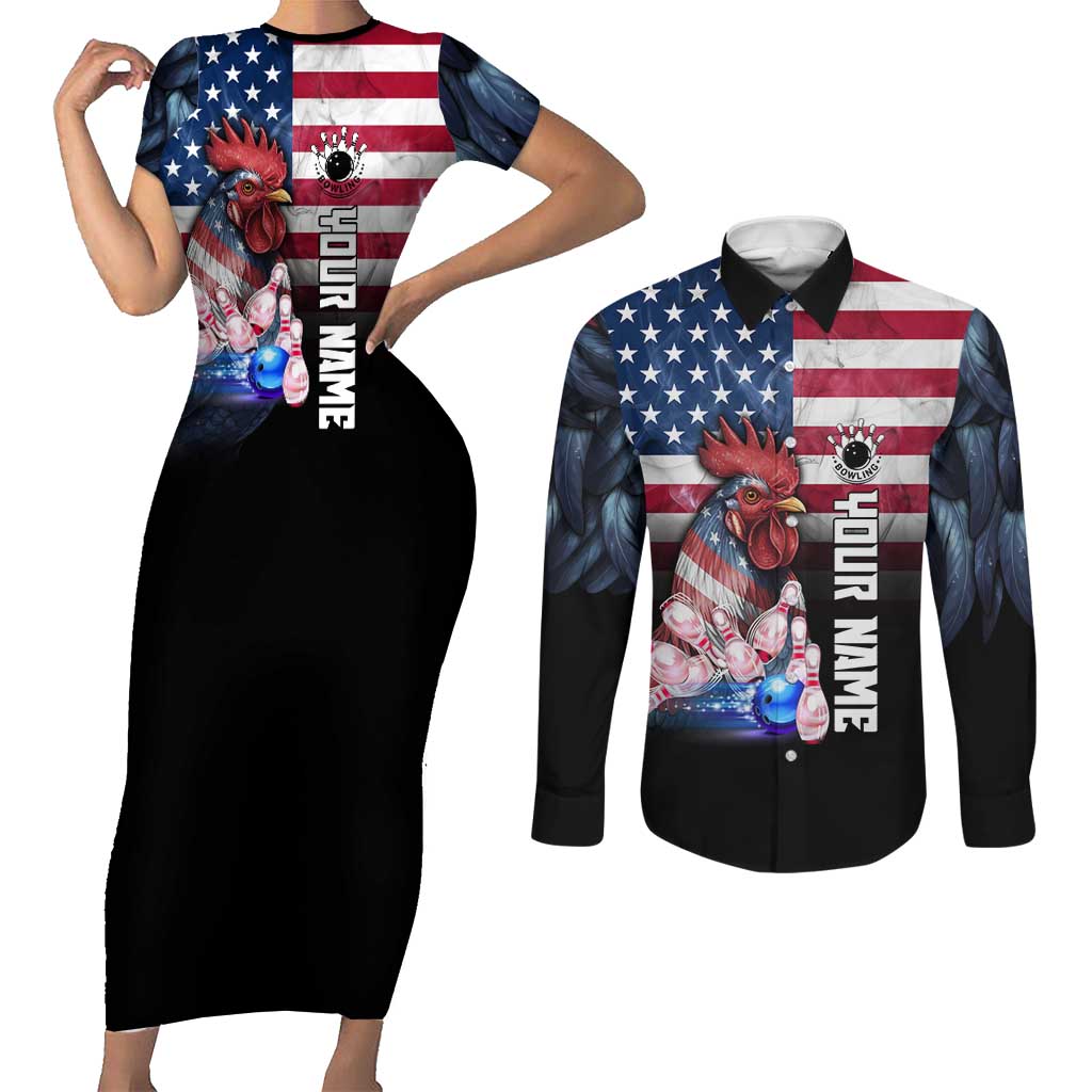 Custom Bowling Rooster Couples Matching Short Sleeve Bodycon Dress and Long Sleeve Button Shirt with Striking Pins and American Flag Feather Pattern - Wonder Print Shop