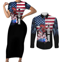 Custom Bowling Rooster Couples Matching Short Sleeve Bodycon Dress and Long Sleeve Button Shirt with Striking Pins and American Flag Feather Pattern - Wonder Print Shop