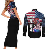 Custom Bowling Rooster Couples Matching Short Sleeve Bodycon Dress and Long Sleeve Button Shirt with Striking Pins and American Flag Feather Pattern - Wonder Print Shop