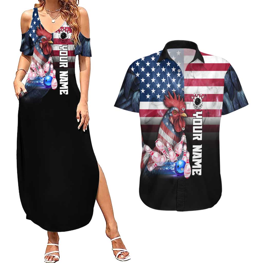 Custom Bowling Rooster Couples Matching Summer Maxi Dress and Hawaiian Shirt with Striking Pins and American Flag Feather Pattern - Wonder Print Shop