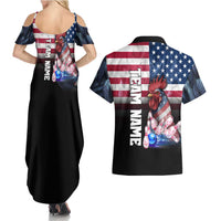 Custom Bowling Rooster Couples Matching Summer Maxi Dress and Hawaiian Shirt with Striking Pins and American Flag Feather Pattern - Wonder Print Shop