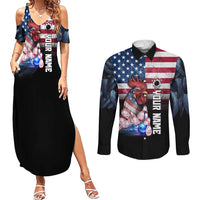 Custom Bowling Rooster Couples Matching Summer Maxi Dress and Long Sleeve Button Shirt with Striking Pins and American Flag Feather Pattern - Wonder Print Shop