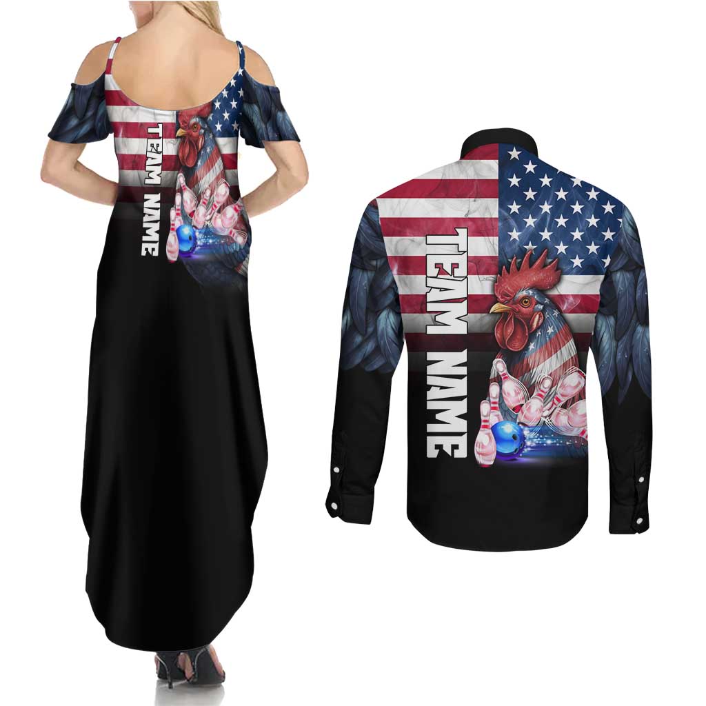 Custom Bowling Rooster Couples Matching Summer Maxi Dress and Long Sleeve Button Shirt with Striking Pins and American Flag Feather Pattern - Wonder Print Shop