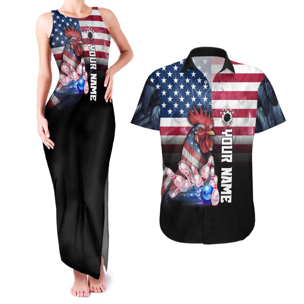 Custom Bowling Rooster Couples Matching Tank Maxi Dress and Hawaiian Shirt with Striking Pins and American Flag Feather Pattern - Wonder Print Shop