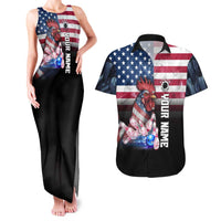 Custom Bowling Rooster Couples Matching Tank Maxi Dress and Hawaiian Shirt with Striking Pins and American Flag Feather Pattern - Wonder Print Shop