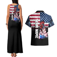 Custom Bowling Rooster Couples Matching Tank Maxi Dress and Hawaiian Shirt with Striking Pins and American Flag Feather Pattern - Wonder Print Shop