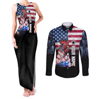 Custom Bowling Rooster Couples Matching Tank Maxi Dress and Long Sleeve Button Shirt with Striking Pins and American Flag Feather Pattern - Wonder Print Shop