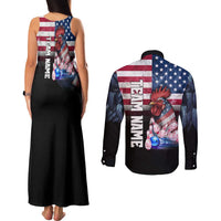Custom Bowling Rooster Couples Matching Tank Maxi Dress and Long Sleeve Button Shirt with Striking Pins and American Flag Feather Pattern - Wonder Print Shop