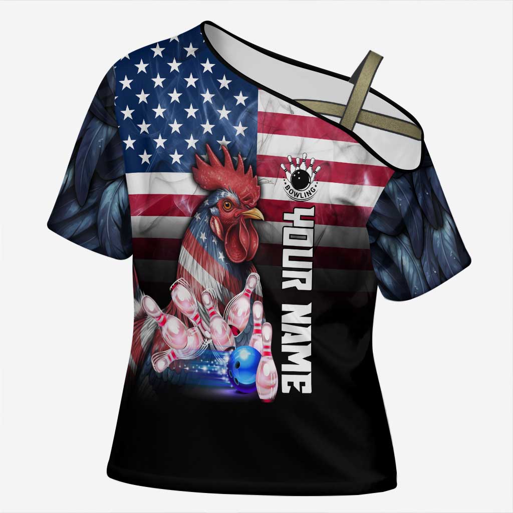 Custom Bowling Rooster Cross Shoulder Shirt with Striking Pins and American Flag Feather Pattern - Wonder Print Shop