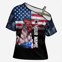 Custom Bowling Rooster Cross Shoulder Shirt with Striking Pins and American Flag Feather Pattern - Wonder Print Shop