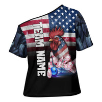 Custom Bowling Rooster Cross Shoulder Shirt with Striking Pins and American Flag Feather Pattern - Wonder Print Shop