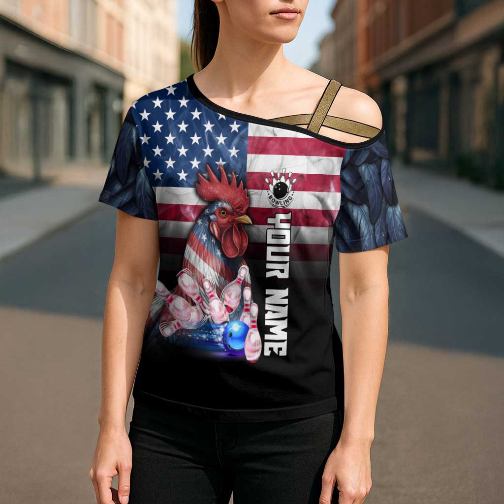 Custom Bowling Rooster Cross Shoulder Shirt with Striking Pins and American Flag Feather Pattern - Wonder Print Shop