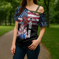 Custom Bowling Rooster Cross Shoulder Shirt with Striking Pins and American Flag Feather Pattern - Wonder Print Shop
