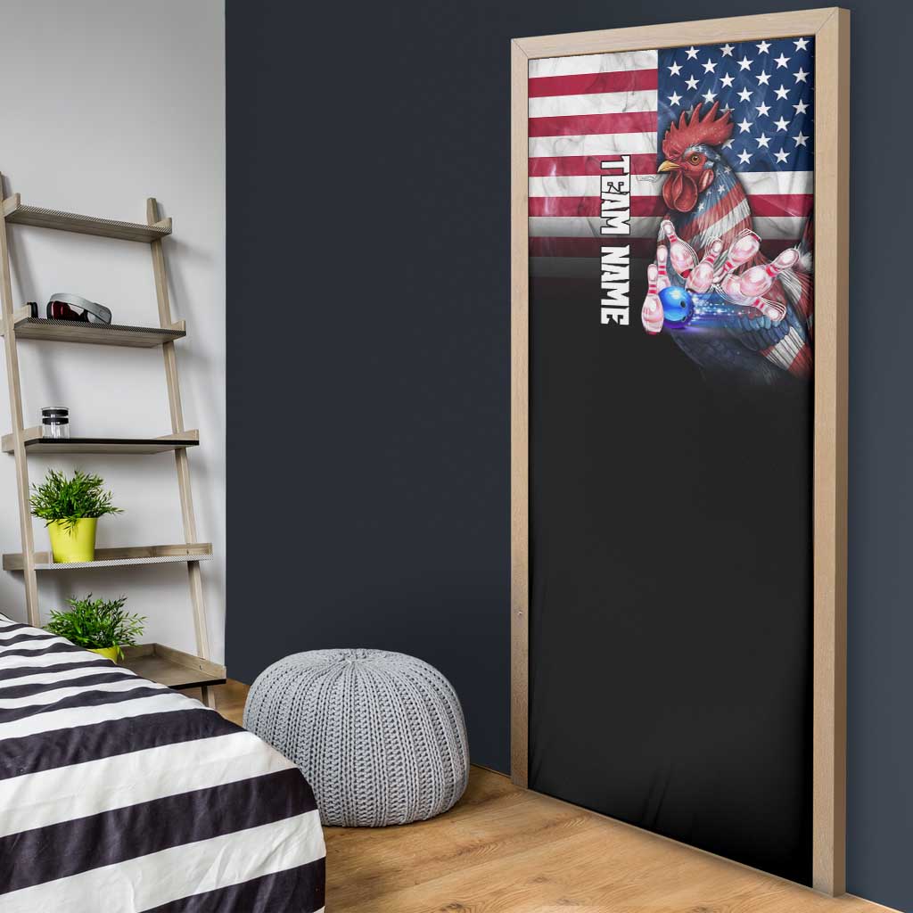 Custom Bowling Rooster Door Cover with Striking Pins and American Flag Feather Pattern - Wonder Print Shop