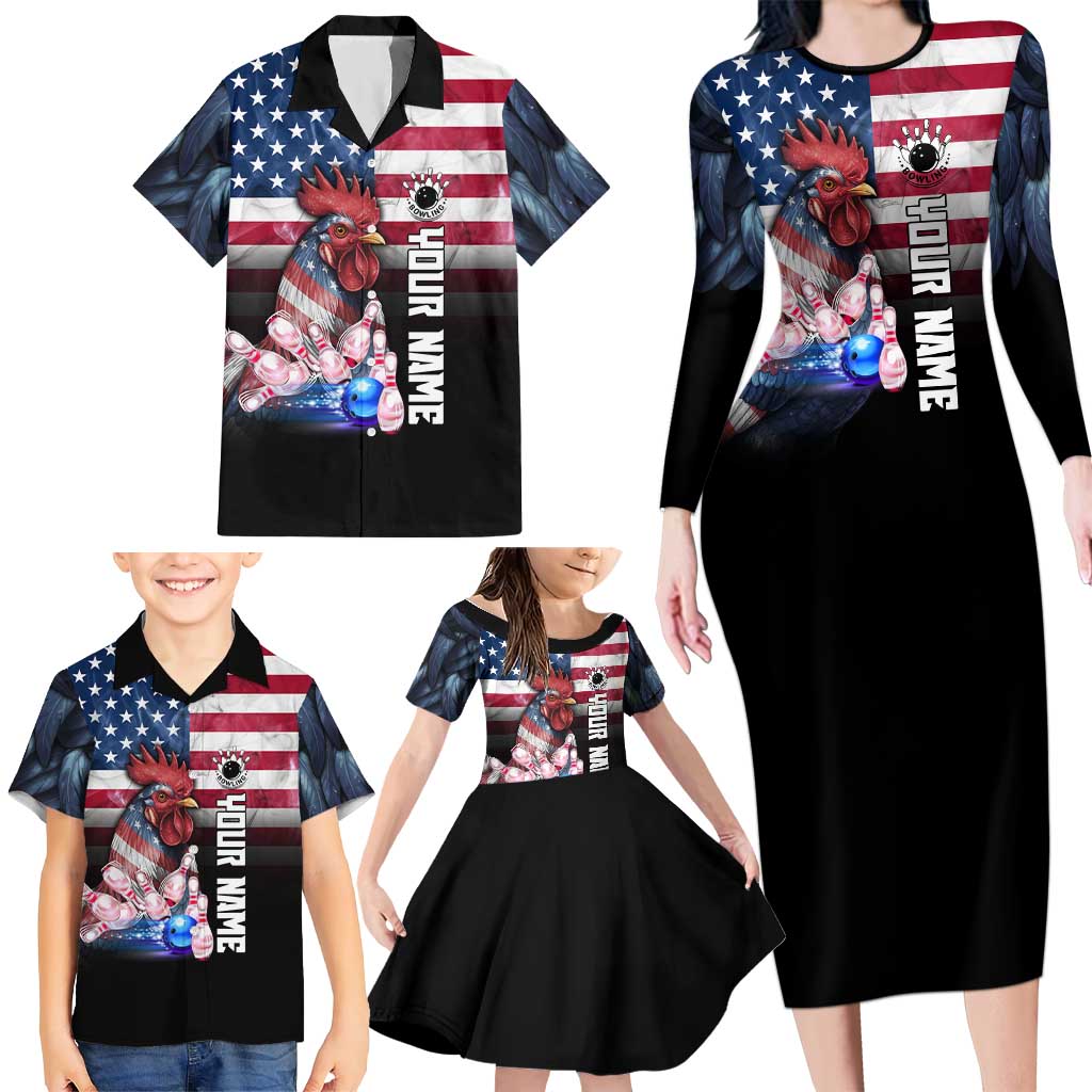 Custom Bowling Rooster Family Matching Long Sleeve Bodycon Dress and Hawaiian Shirt with Striking Pins and American Flag Feather Pattern - Wonder Print Shop