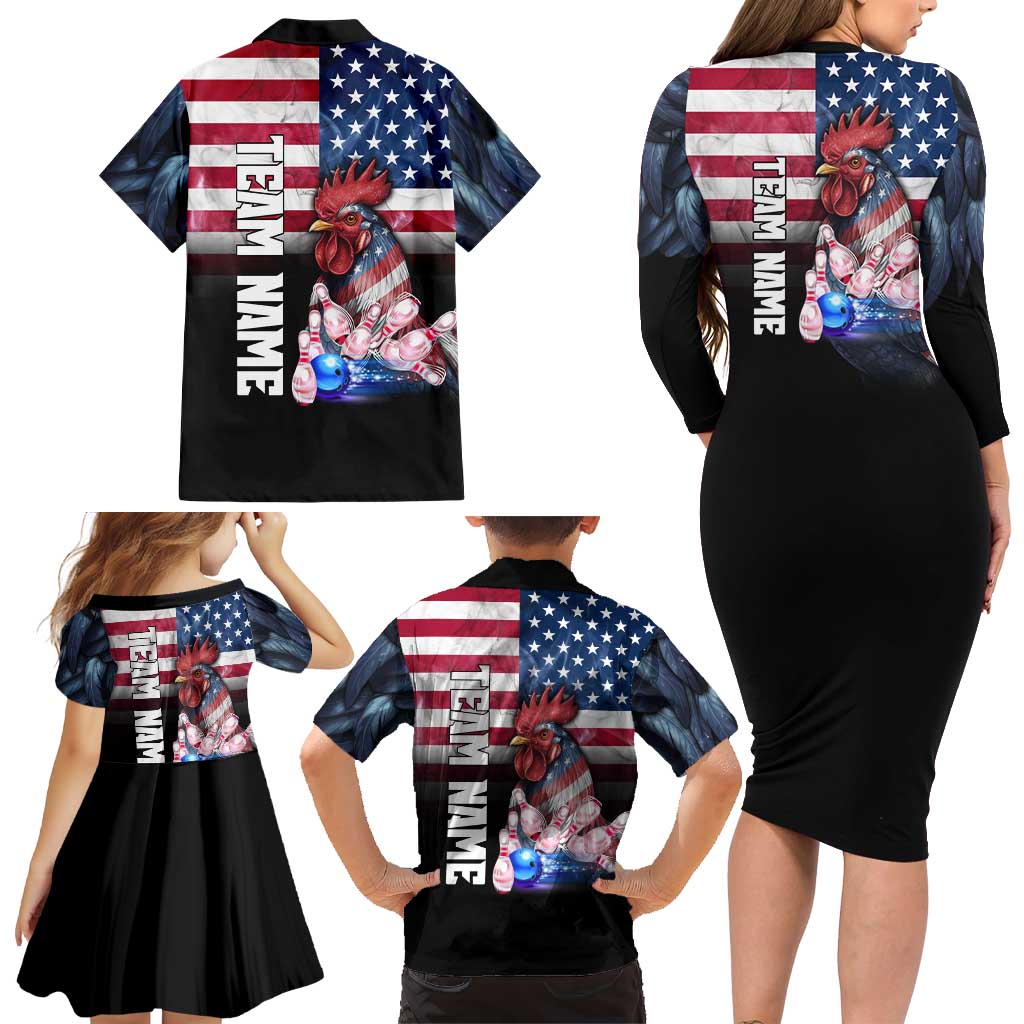 Custom Bowling Rooster Family Matching Long Sleeve Bodycon Dress and Hawaiian Shirt with Striking Pins and American Flag Feather Pattern - Wonder Print Shop