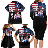 Custom Bowling Rooster Family Matching Long Sleeve Bodycon Dress and Hawaiian Shirt with Striking Pins and American Flag Feather Pattern - Wonder Print Shop