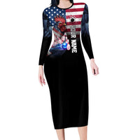 Custom Bowling Rooster Family Matching Long Sleeve Bodycon Dress and Hawaiian Shirt with Striking Pins and American Flag Feather Pattern - Wonder Print Shop