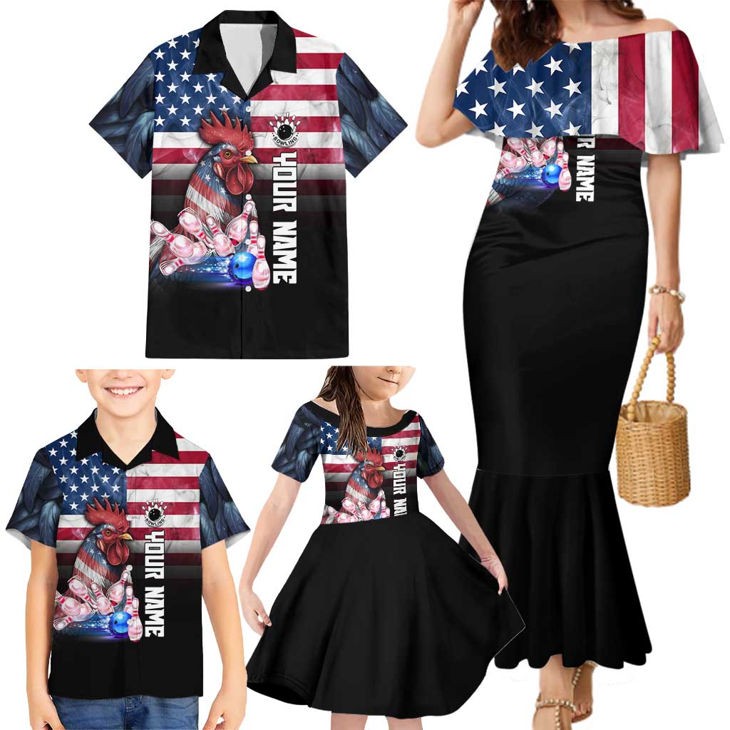 Custom Bowling Rooster Family Matching Mermaid Dress and Hawaiian Shirt with Striking Pins and American Flag Feather Pattern - Wonder Print Shop