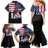 Custom Bowling Rooster Family Matching Mermaid Dress and Hawaiian Shirt with Striking Pins and American Flag Feather Pattern - Wonder Print Shop