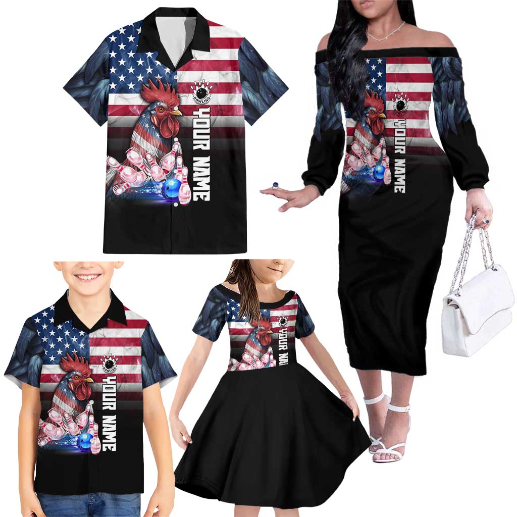 Custom Bowling Rooster Family Matching Off The Shoulder Long Sleeve Dress and Hawaiian Shirt with Striking Pins and American Flag Feather Pattern - Wonder Print Shop