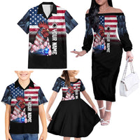 Custom Bowling Rooster Family Matching Off The Shoulder Long Sleeve Dress and Hawaiian Shirt with Striking Pins and American Flag Feather Pattern - Wonder Print Shop