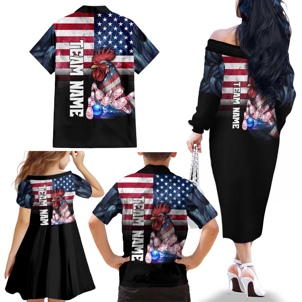 Custom Bowling Rooster Family Matching Off The Shoulder Long Sleeve Dress and Hawaiian Shirt with Striking Pins and American Flag Feather Pattern - Wonder Print Shop
