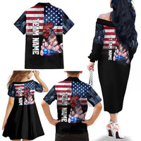 Custom Bowling Rooster Family Matching Off The Shoulder Long Sleeve Dress and Hawaiian Shirt with Striking Pins and American Flag Feather Pattern - Wonder Print Shop