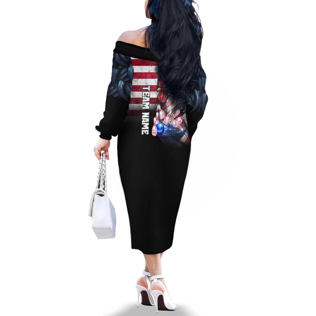 Custom Bowling Rooster Family Matching Off The Shoulder Long Sleeve Dress and Hawaiian Shirt with Striking Pins and American Flag Feather Pattern - Wonder Print Shop