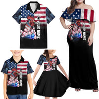Custom Bowling Rooster Family Matching Off Shoulder Maxi Dress and Hawaiian Shirt with Striking Pins and American Flag Feather Pattern - Wonder Print Shop