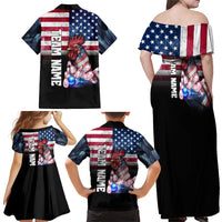 Custom Bowling Rooster Family Matching Off Shoulder Maxi Dress and Hawaiian Shirt with Striking Pins and American Flag Feather Pattern - Wonder Print Shop