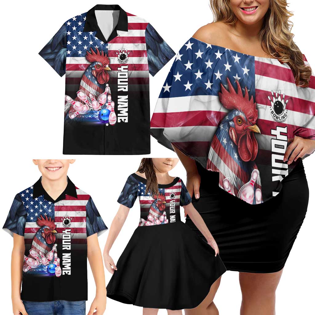 Custom Bowling Rooster Family Matching Off Shoulder Short Dress and Hawaiian Shirt with Striking Pins and American Flag Feather Pattern - Wonder Print Shop