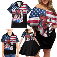 Custom Bowling Rooster Family Matching Off Shoulder Short Dress and Hawaiian Shirt with Striking Pins and American Flag Feather Pattern - Wonder Print Shop