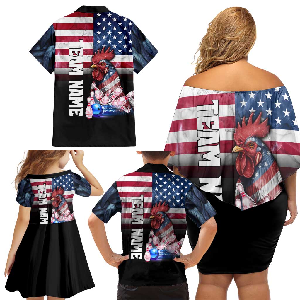 Custom Bowling Rooster Family Matching Off Shoulder Short Dress and Hawaiian Shirt with Striking Pins and American Flag Feather Pattern - Wonder Print Shop