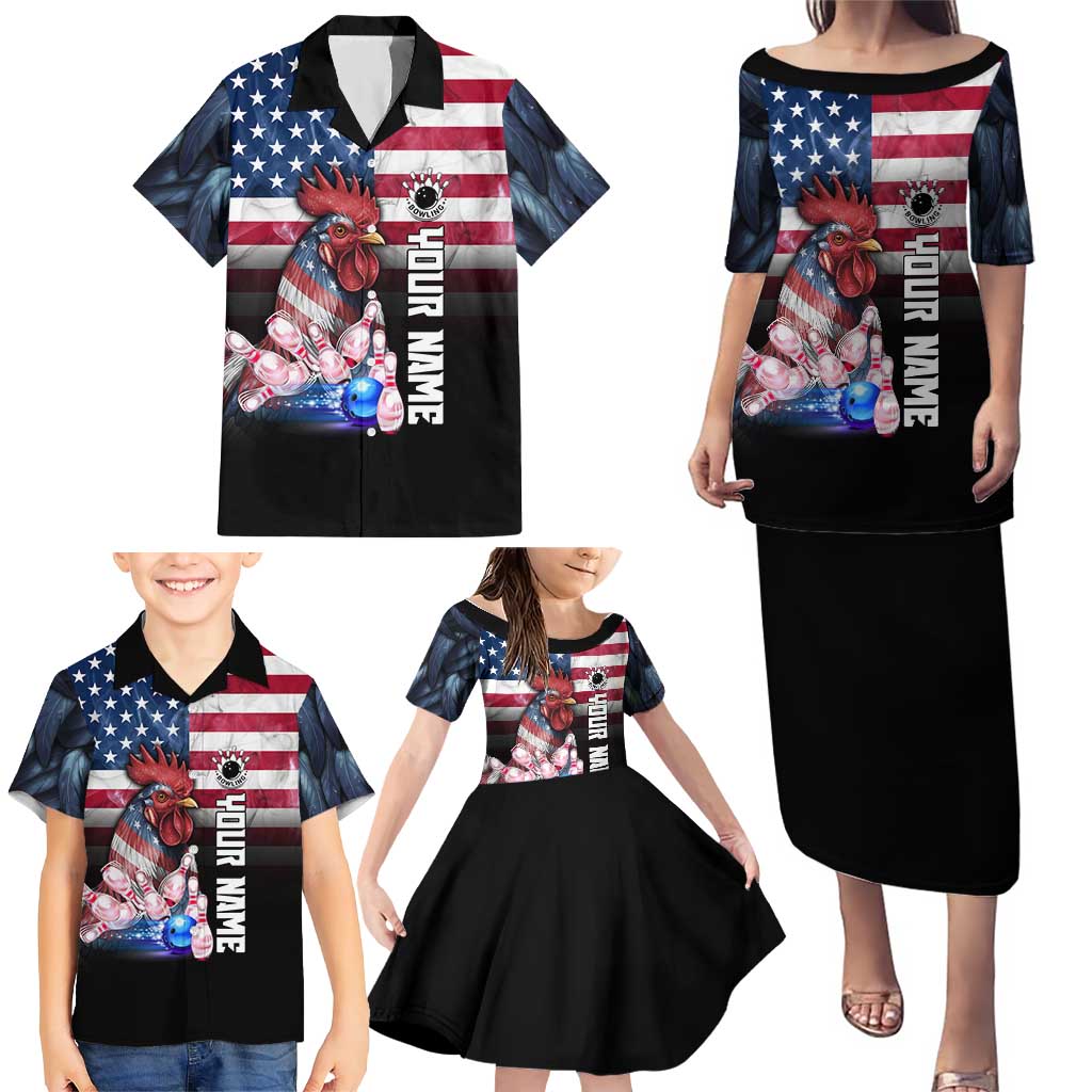 Custom Bowling Rooster Family Matching Puletasi and Hawaiian Shirt with Striking Pins and American Flag Feather Pattern - Wonder Print Shop