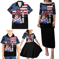 Custom Bowling Rooster Family Matching Puletasi and Hawaiian Shirt with Striking Pins and American Flag Feather Pattern - Wonder Print Shop
