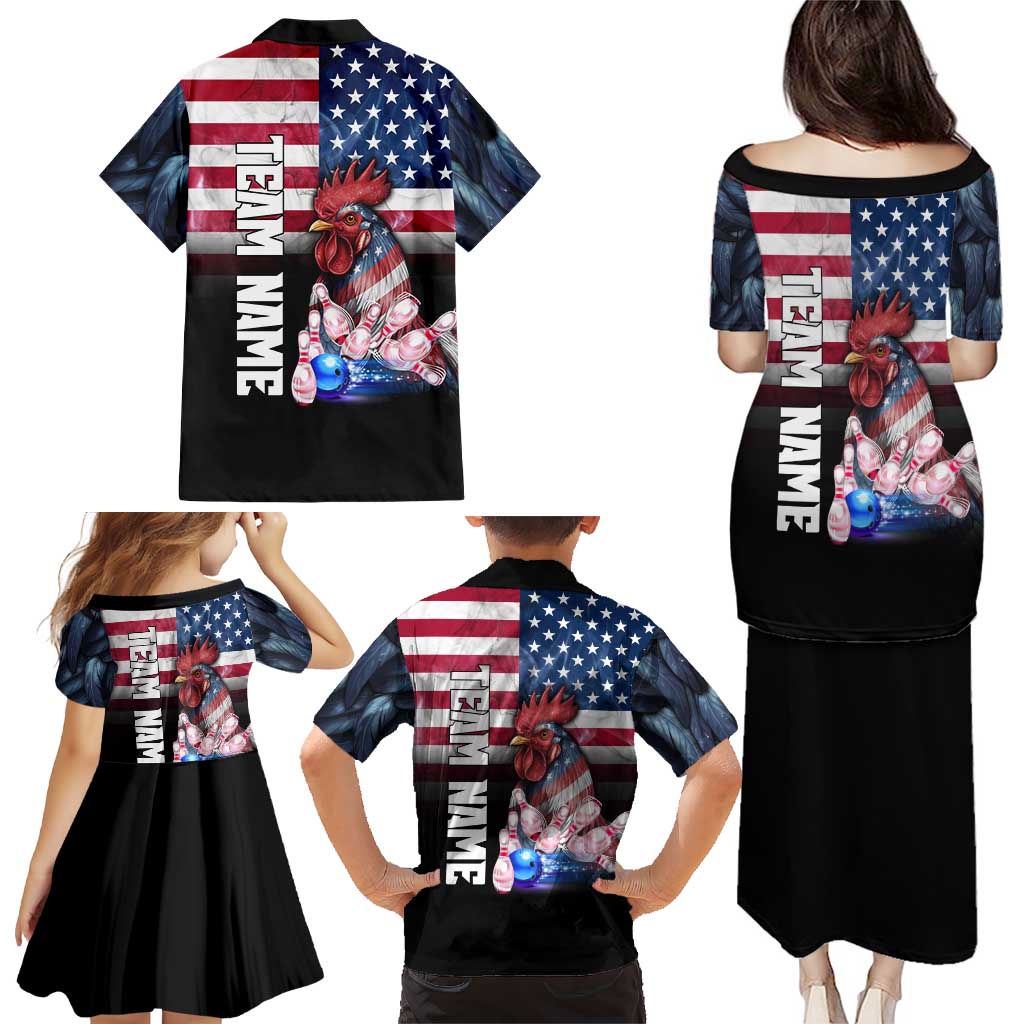 Custom Bowling Rooster Family Matching Puletasi and Hawaiian Shirt with Striking Pins and American Flag Feather Pattern - Wonder Print Shop