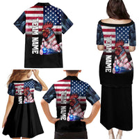 Custom Bowling Rooster Family Matching Puletasi and Hawaiian Shirt with Striking Pins and American Flag Feather Pattern - Wonder Print Shop