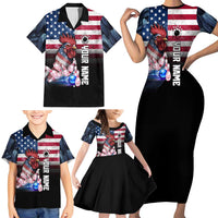 Custom Bowling Rooster Family Matching Short Sleeve Bodycon Dress and Hawaiian Shirt with Striking Pins and American Flag Feather Pattern - Wonder Print Shop