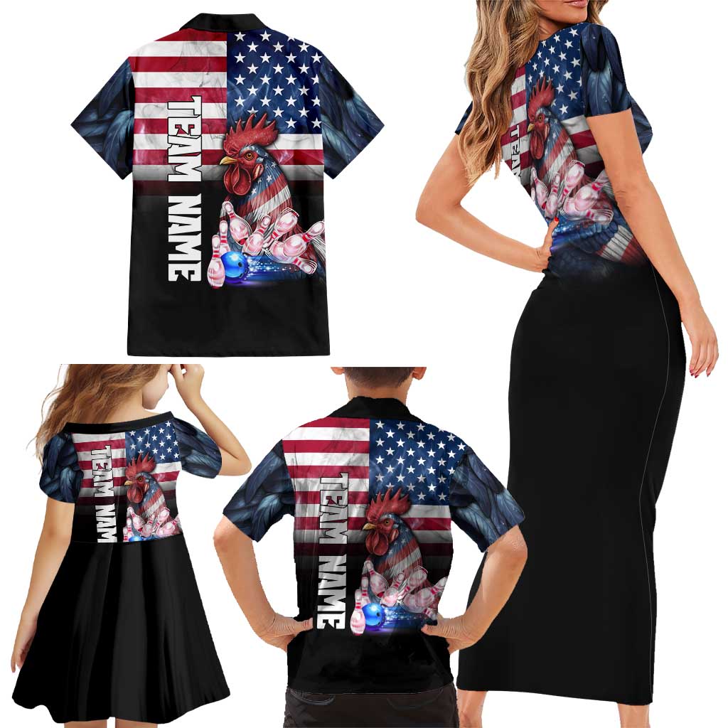 Custom Bowling Rooster Family Matching Short Sleeve Bodycon Dress and Hawaiian Shirt with Striking Pins and American Flag Feather Pattern - Wonder Print Shop