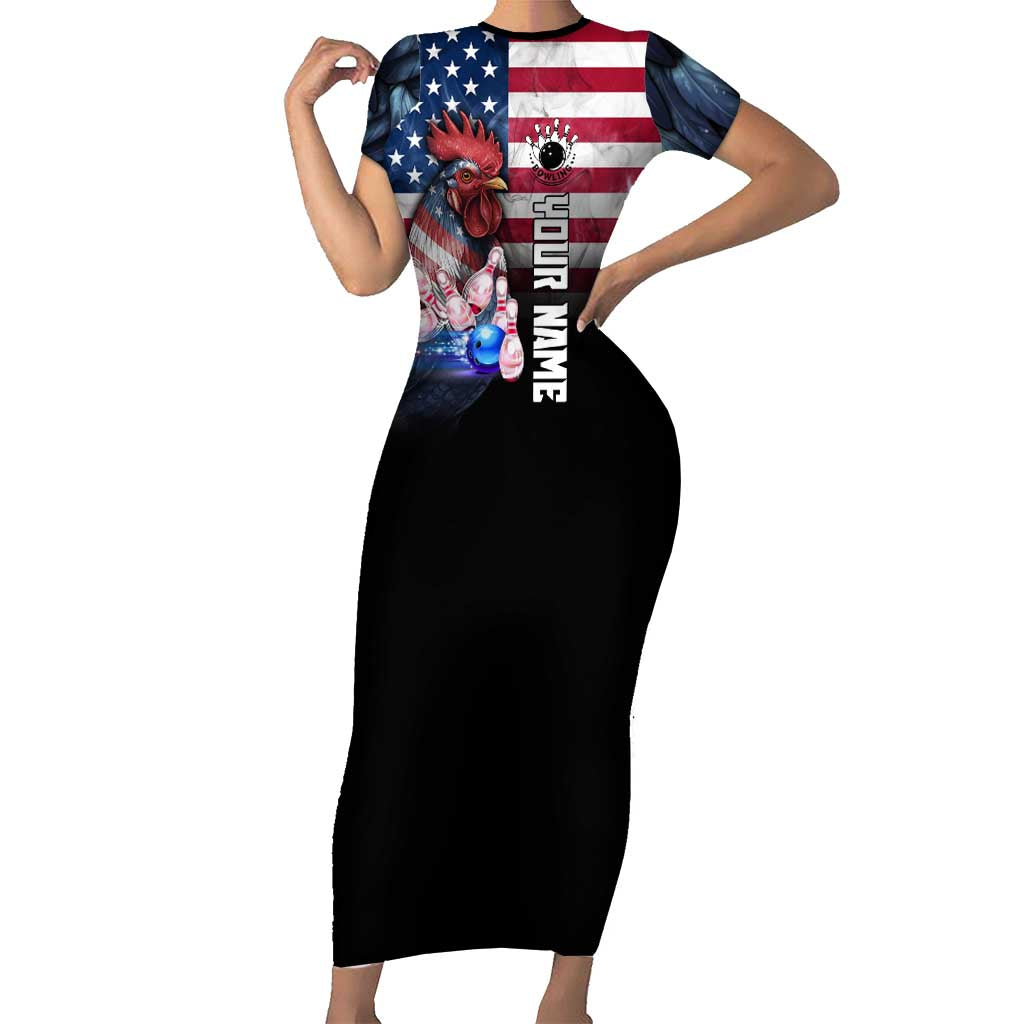Custom Bowling Rooster Family Matching Short Sleeve Bodycon Dress and Hawaiian Shirt with Striking Pins and American Flag Feather Pattern - Wonder Print Shop