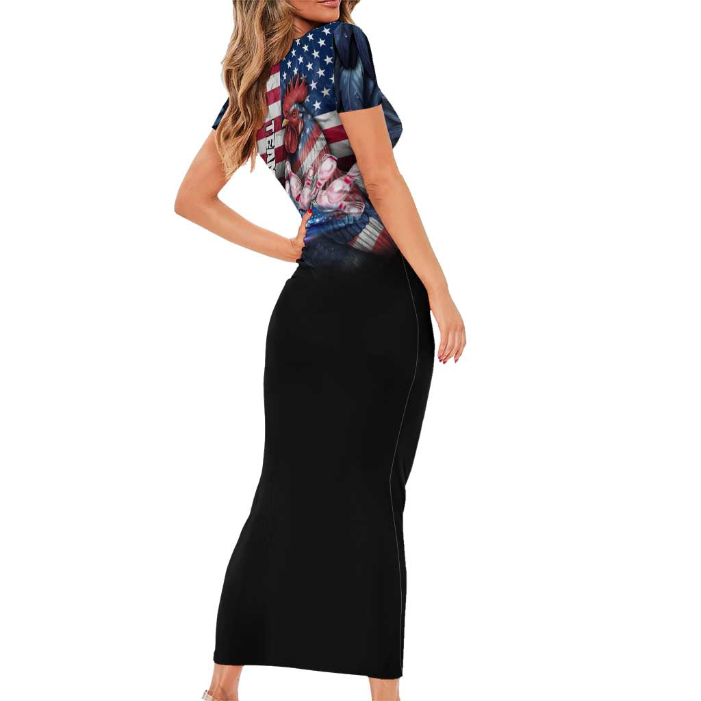 Custom Bowling Rooster Family Matching Short Sleeve Bodycon Dress and Hawaiian Shirt with Striking Pins and American Flag Feather Pattern - Wonder Print Shop