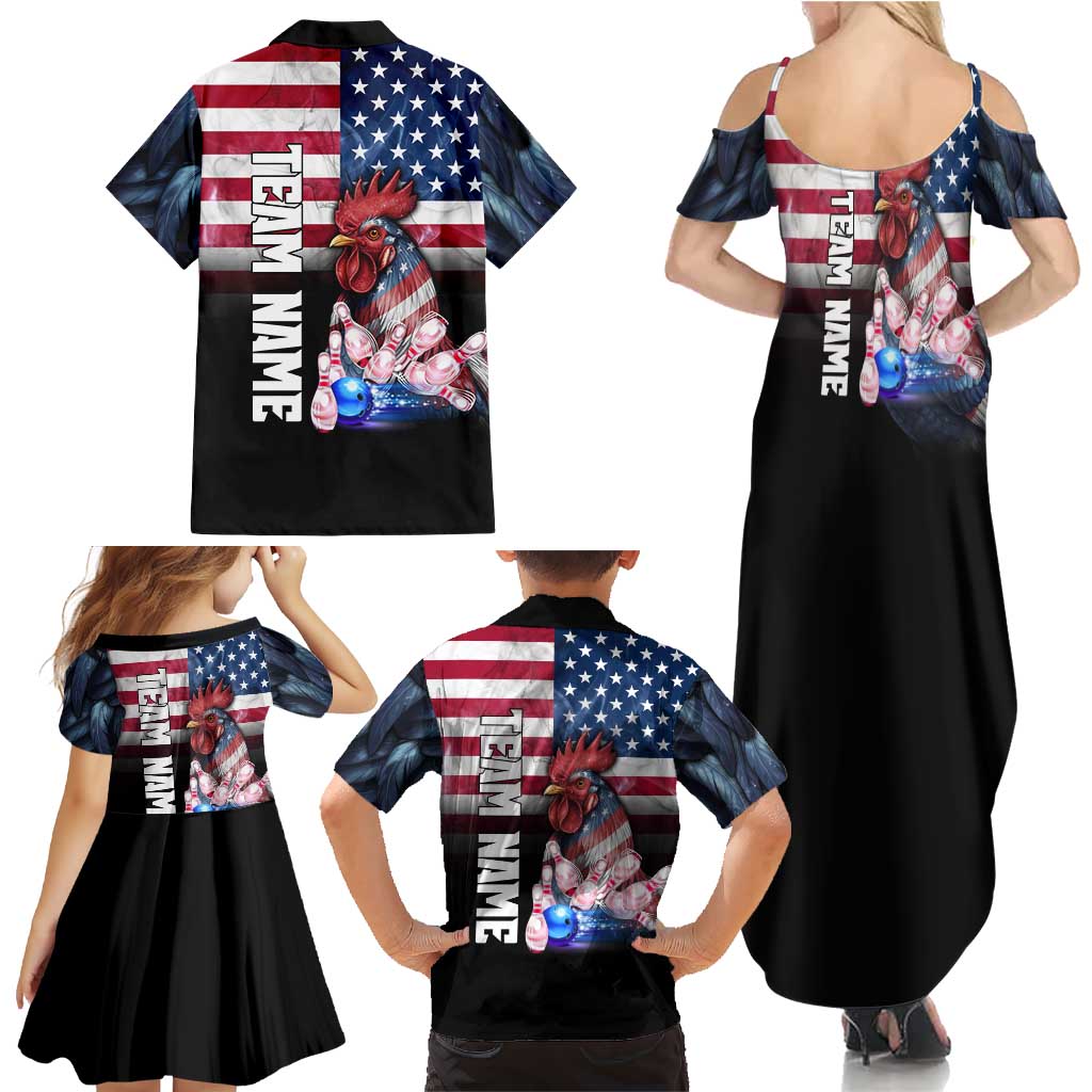 Custom Bowling Rooster Family Matching Summer Maxi Dress and Hawaiian Shirt with Striking Pins and American Flag Feather Pattern - Wonder Print Shop