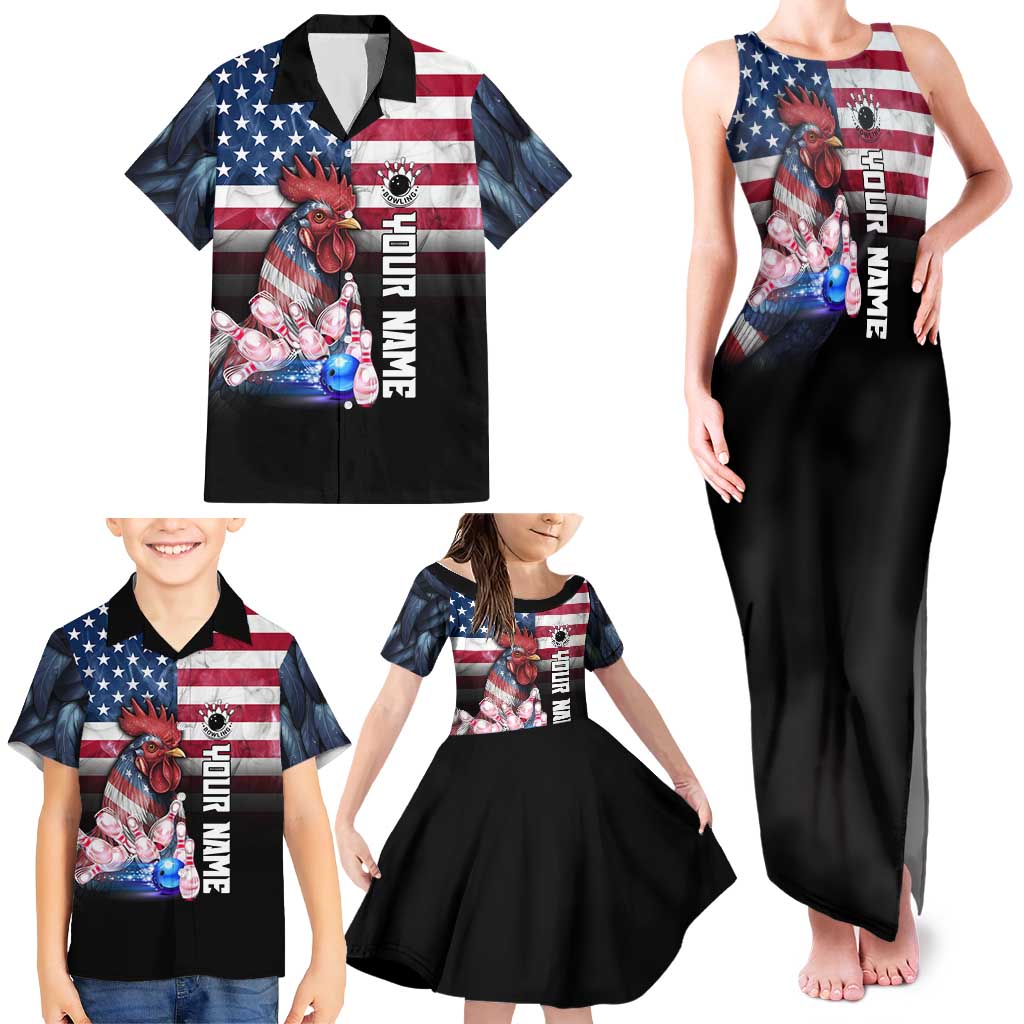 Custom Bowling Rooster Family Matching Tank Maxi Dress and Hawaiian Shirt with Striking Pins and American Flag Feather Pattern - Wonder Print Shop