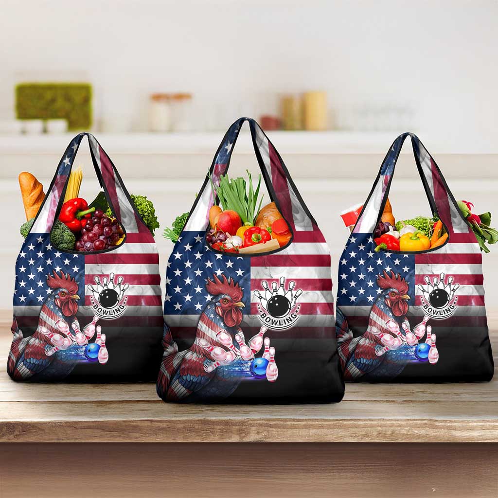 Bowling Rooster Grocery Bag with Striking Pins and American Flag Feather Pattern - Wonder Print Shop