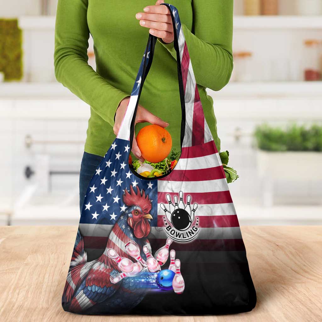 Bowling Rooster Grocery Bag with Striking Pins and American Flag Feather Pattern - Wonder Print Shop