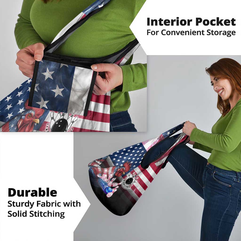 Bowling Rooster Grocery Bag with Striking Pins and American Flag Feather Pattern - Wonder Print Shop