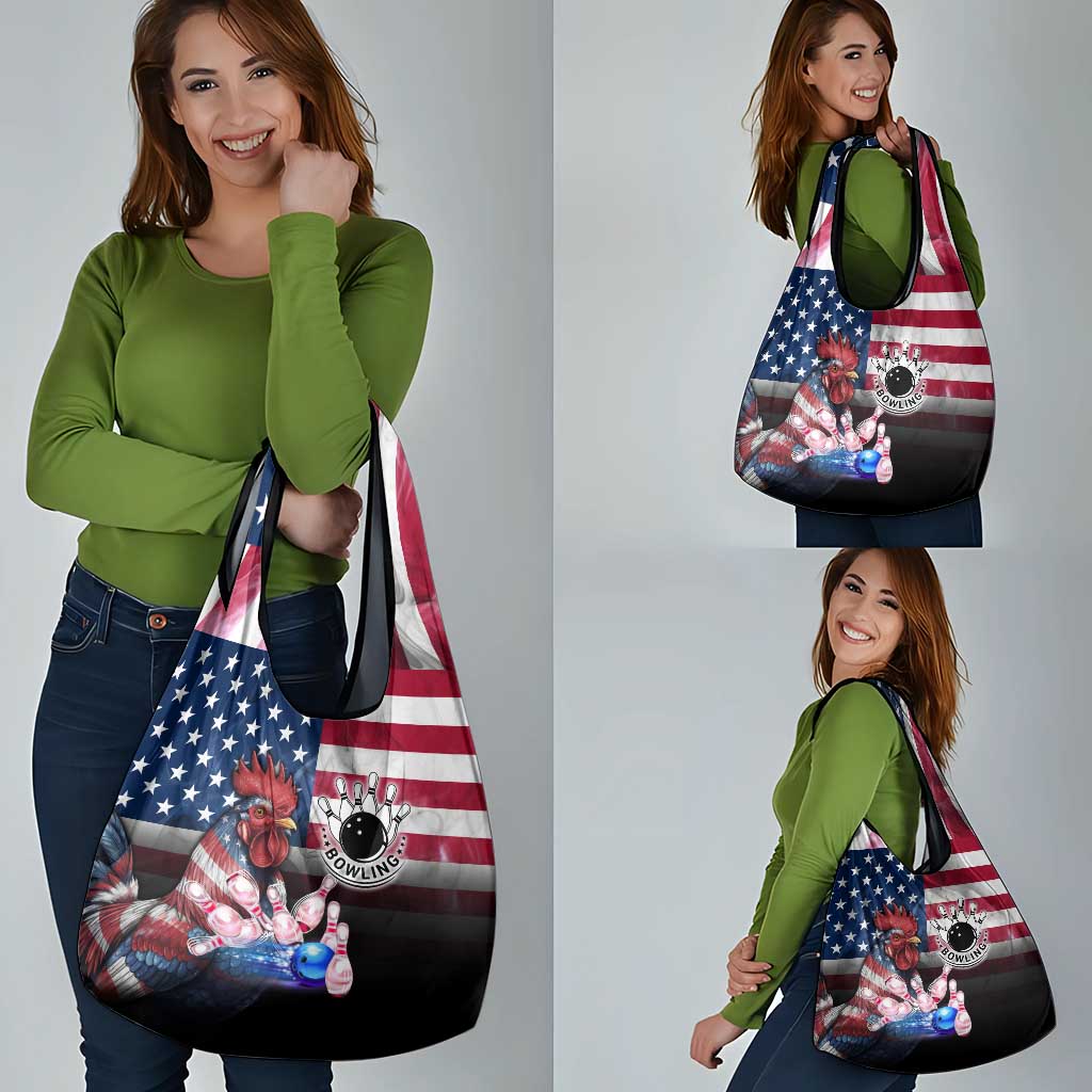 Bowling Rooster Grocery Bag with Striking Pins and American Flag Feather Pattern - Wonder Print Shop