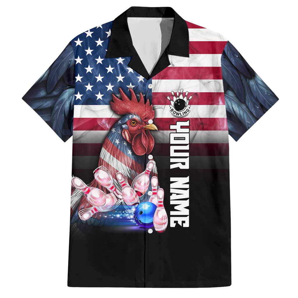 Custom Bowling Rooster Hawaiian Shirt with Striking Pins and American Flag Feather Pattern - Wonder Print Shop