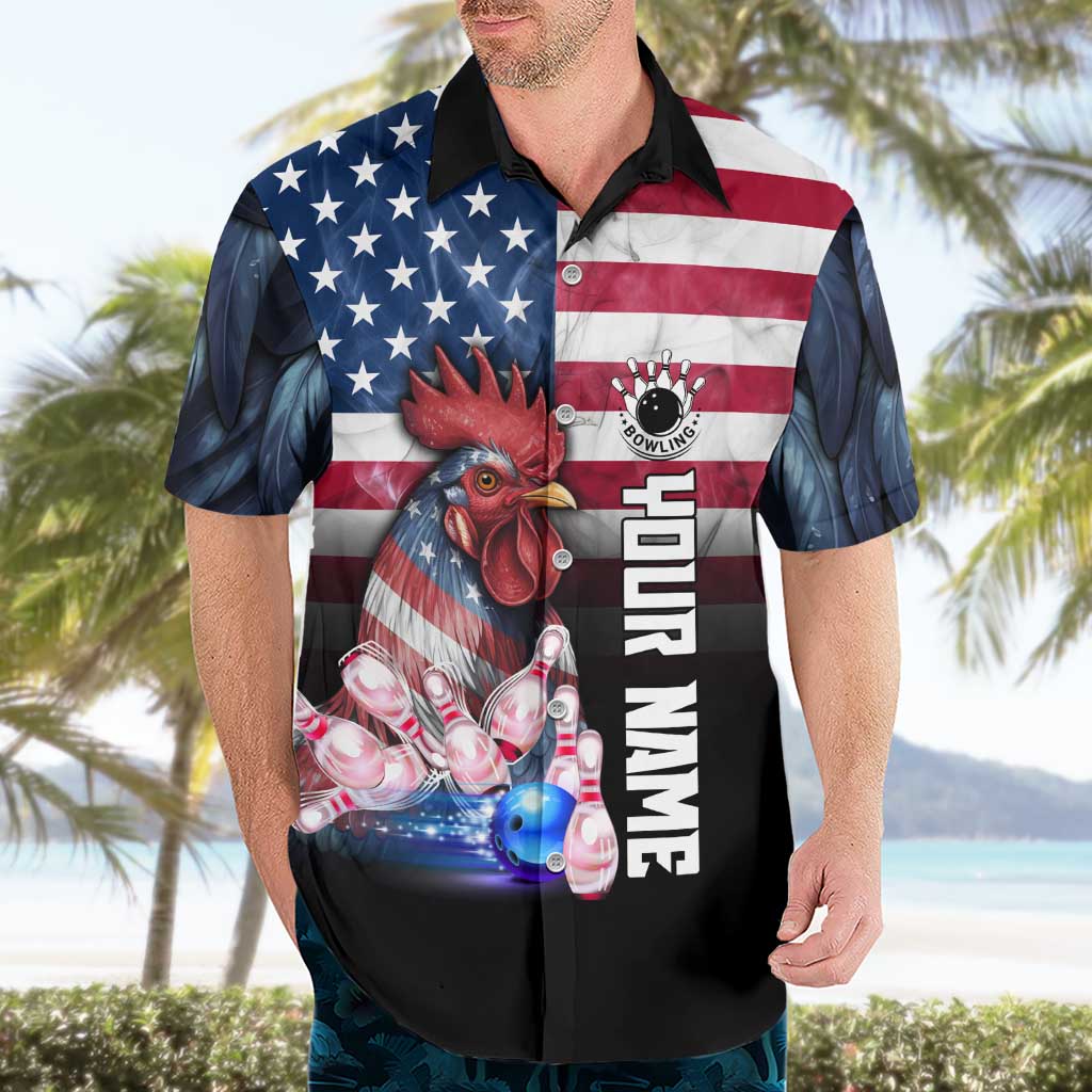 Custom Bowling Rooster Hawaiian Shirt with Striking Pins and American Flag Feather Pattern - Wonder Print Shop